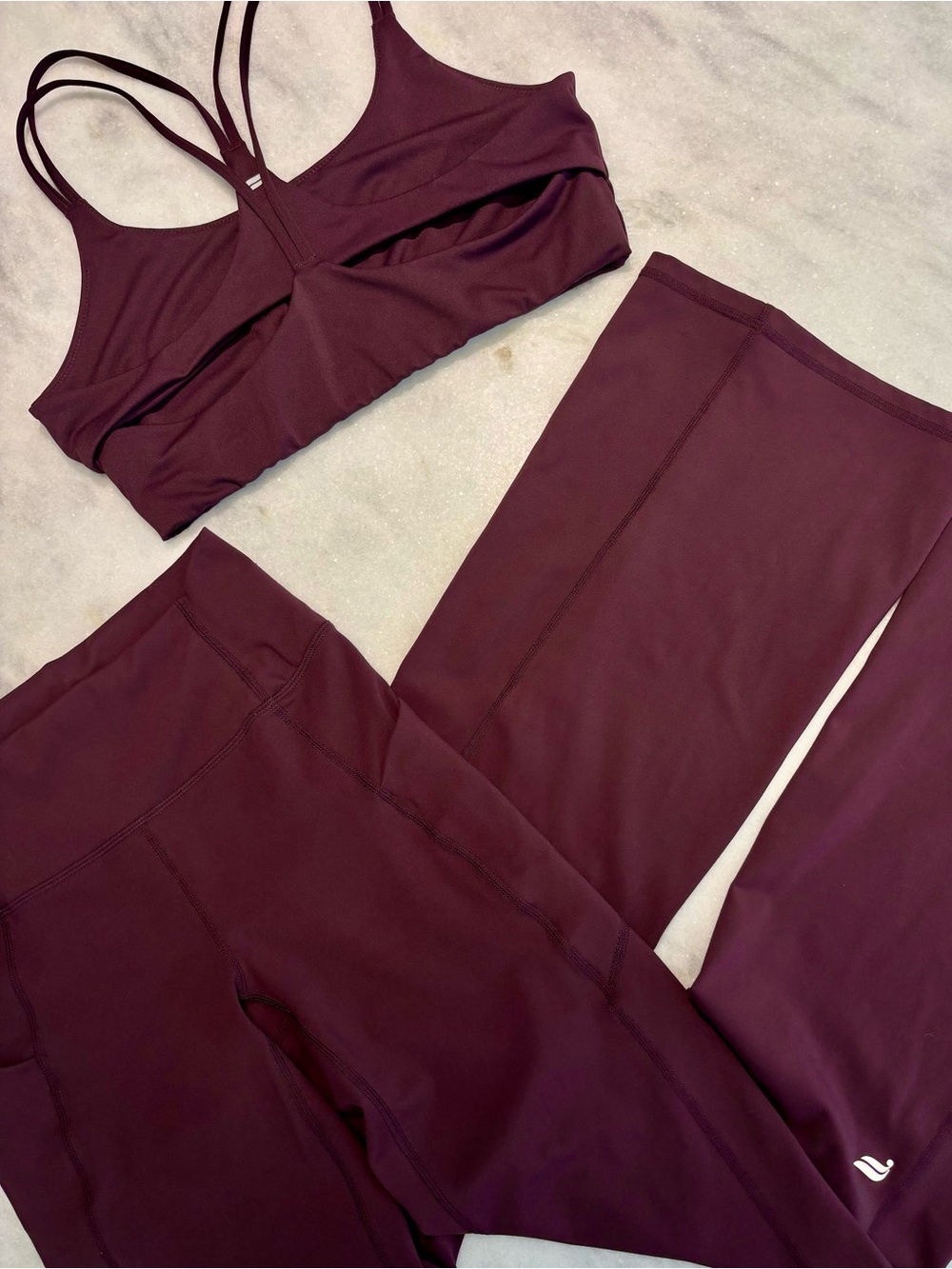 Fabletics BUNDLE! Oasis PureLuxe Kick Flare Leggings & Sports Bra Set in Oxblood